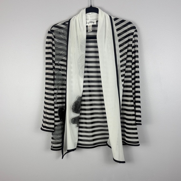 Joseph Ribkoff Floral Detailed Black and White Sheer Striped Cardigan Size 12 - Picture 2 of 10